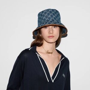 GUCCI Denim GG Monogram Bucket Hat with Brown Leather Trim
